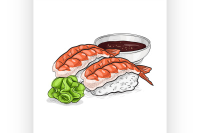 Vector sushi color sketch, Ebi Nigiri