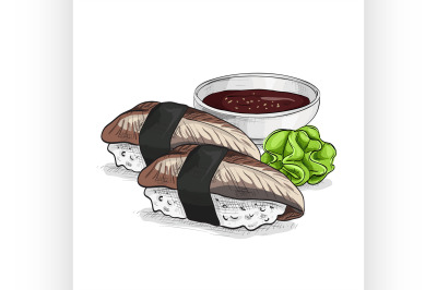 Vector sushi color sketch, unagi nigiri