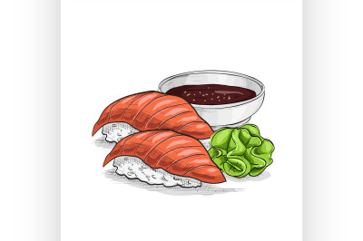 Vector sushi color sketch, Nigiri sake