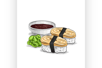 Vector sushi color sketch, Tamago Nigiri