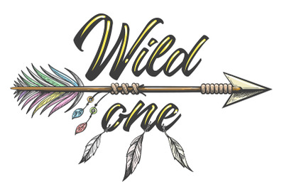 Native American Indian Arrow with Wording Wild One Tattoo Illustration