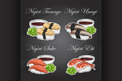 Vector Nigiri Sushi color sticker, set