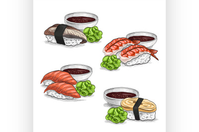 Vector set, color sketch, Nigiri Sushi