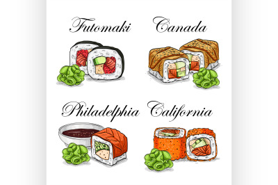 Vector sushi color sketch, set