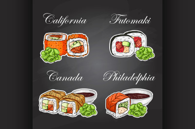 Vector sushi color sticker, set