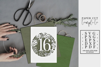 Frame 16 Birthday Papercut Template, Sweet 16 Card, SVG, PDF