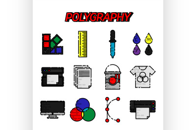 Polygraphy flat icons set