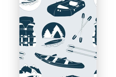 Rafting and kayaking icons collection pattern