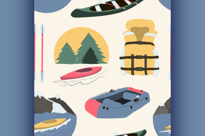 Rafting and kayaking icons collection pattern