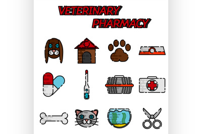 Veterinary pharmacy flat icons set