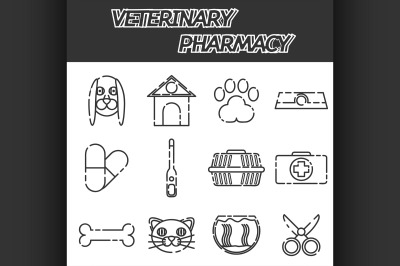 Veterinary pharmacy icons set