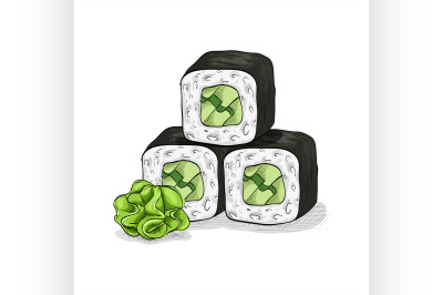 Vector sushi color sketch, Cucumber roll