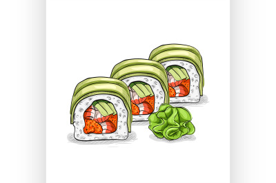 Vector sushi color sketch, Dragon roll