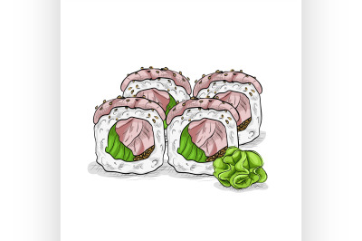 Vector sushi color sketch, Hamachi roll