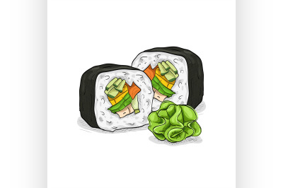 Vector sushi color sketch, Vegetable roll