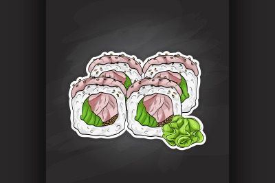 Vector sushi color sketch, Hamachi roll