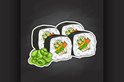 Vector sushi color sketch, Vegetable roll