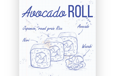 Vector sushi sketch, Avocado roll