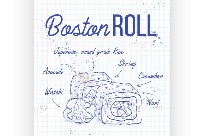 Vector sushi sketch, Boston roll