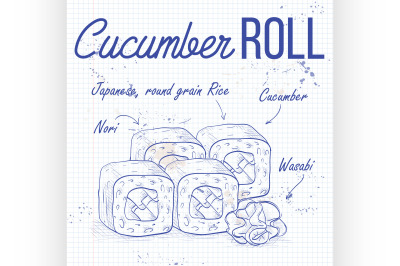 Vector sushi sketch, Cucumber roll