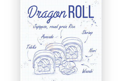 Vector sushi sketch, Dragon roll