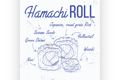 Vector sushi sketch, Hamachi roll