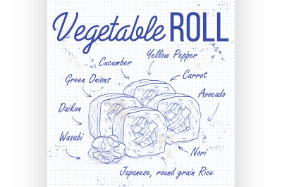 Vector sushi sketch, Vegetable roll