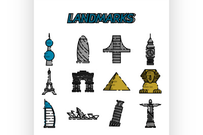 World landmarks flat icons set