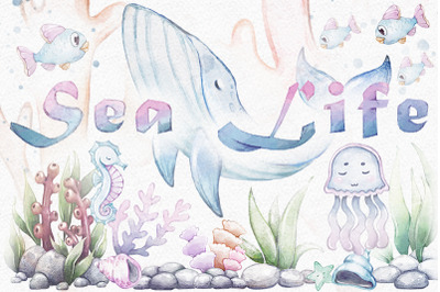Watercolor sea life collection. Cute hand drawn clipart.