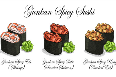 Vector set, color sketch, Gunkan Spisy Sushi