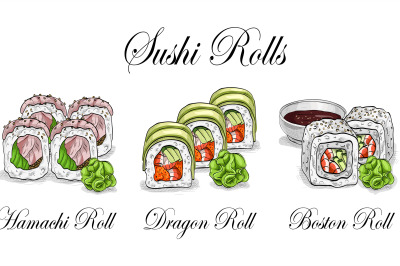 Vector sushi color sketch, set