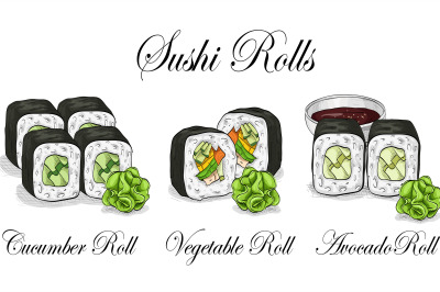 Vector sushi color sketch, set