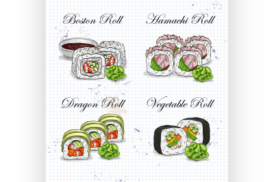 Vector sushi color sketch, set