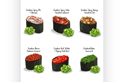 Vector set, color sketch, Gunkan Sushi