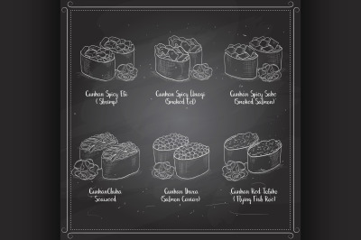 Types of Gunkan Sushi on a blackboard