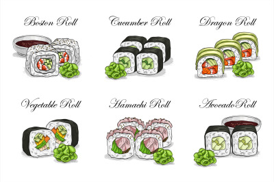 Vector sushi color sketch, set