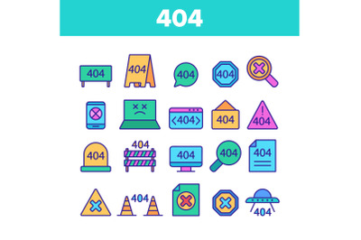 Color 404 HTTP Error Message Vector Linear Icons Set