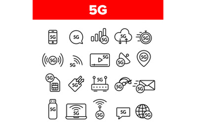 5G Fast Network, Connection To Website Vector Icons Set