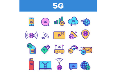 5G Fast Network, Connection To Website Vector Icons Set