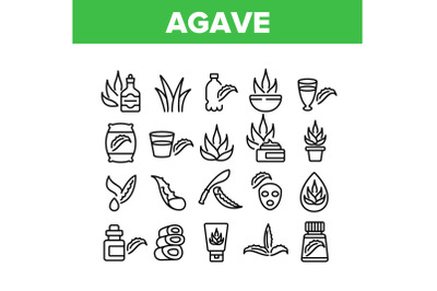 Agave Aloe Vera Plant Collection Icons Set Vector