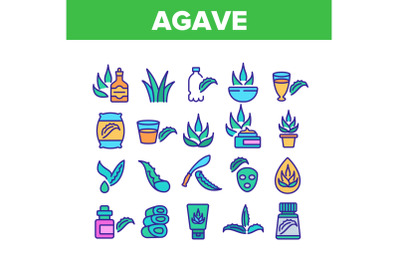 Agave Aloe Vera Plant Collection Icons Set Vector