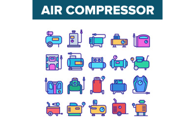 Air Compressor Device Collection Icons Set Vector