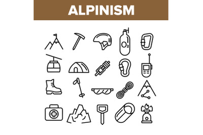 Alpinism And Mountaineering Equipment Vector Linear Icons Set