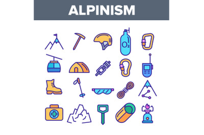 Color Alpinism And Mountaineering Equipment Vector Linear Icons Set