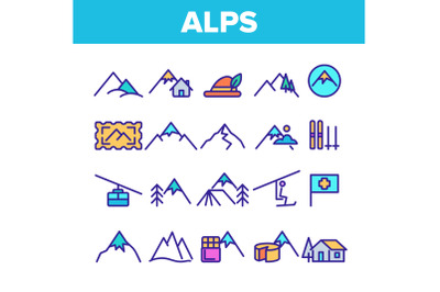 Color Mountain Alps Sign Icons Set Vector