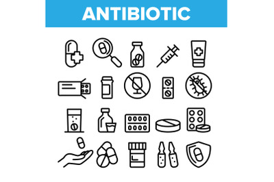 Collection Antibiotic Thin Line Icons Set Vector