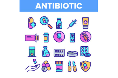 Color Antibiotic Thin Line Icons Set Vector