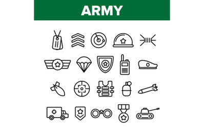 Army Military Collection Elements Icons Set Vector