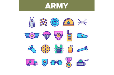 Army Military Color Elements Icons Set Vector