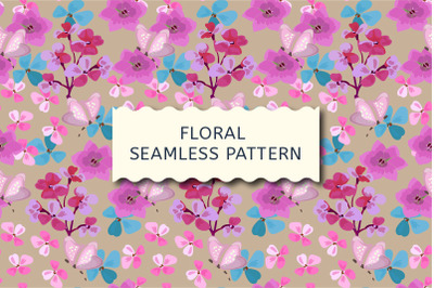 Floral pattern with pink, blue, purple small flowers.